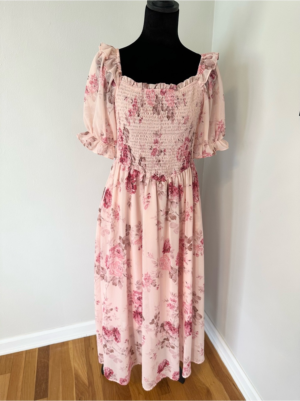 Cottagecore Blush Pink Floral Smocked Midi Dress w/ Sheer Puff Sleeves & Pockets